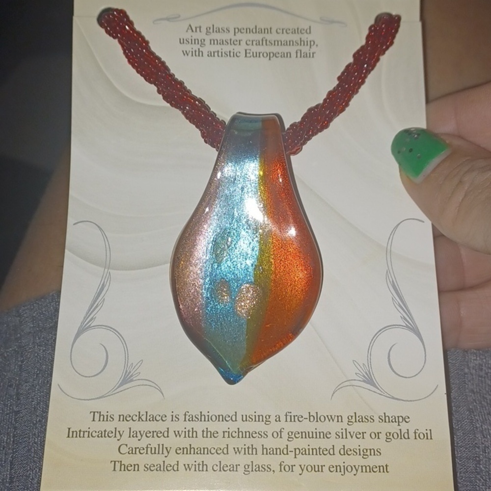 Artesian Red/blue Glass Pendant With Beaded Necklace & bonus Cord. 17-18" long